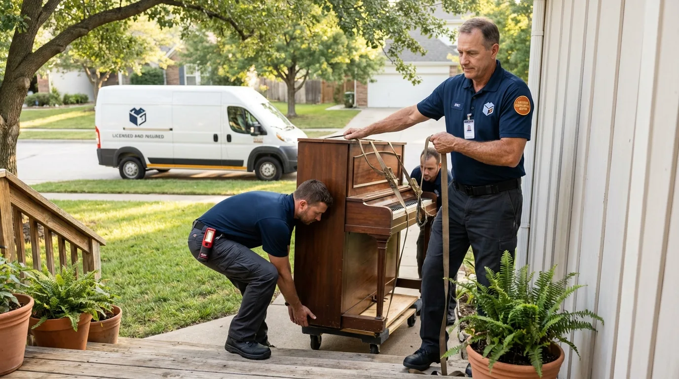 Licensed piano movers securing grand piano in Budd Lake, NJ