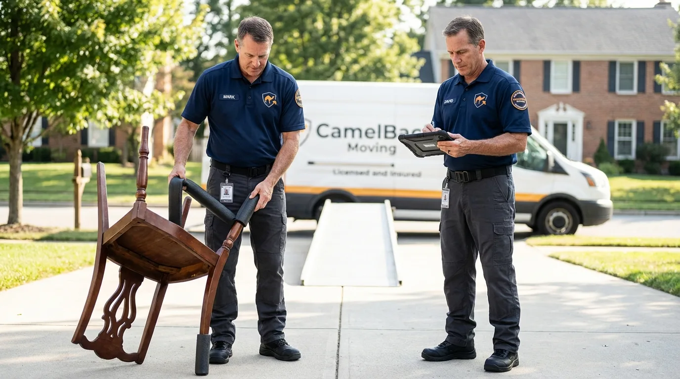 Movers inspecting furniture for damage prevention before loading in Budd Lake, NJ