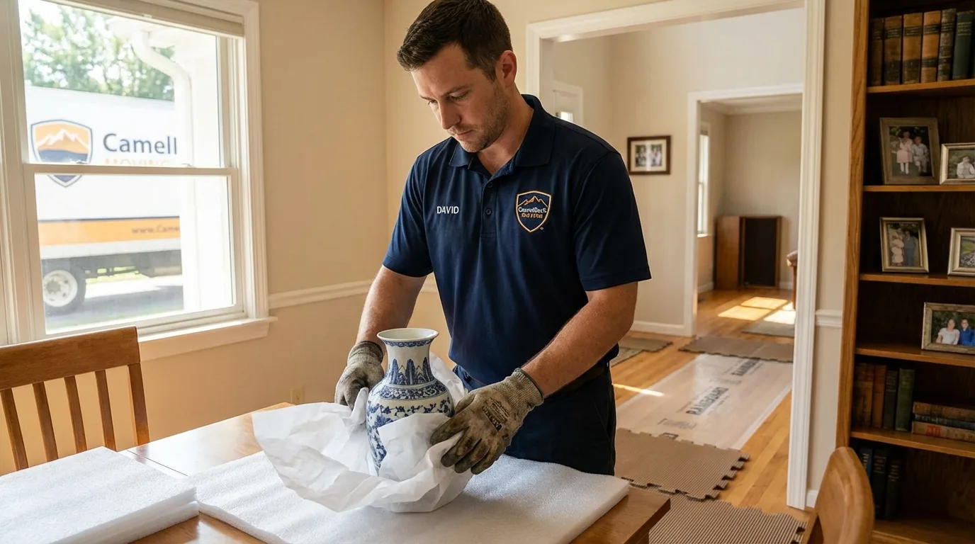 Professional crew carefully wrapping antique vase for senior downsizing move in Budd Lake, NJ